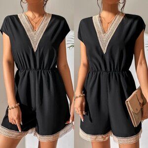 🖤 ELEGANT BLACK TAN TRIM VNECK ROMPER!